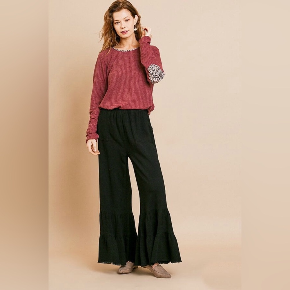 Umgee Black Linen Blend Wide Ruffle Leg Pants With Frayed Hem Size XL